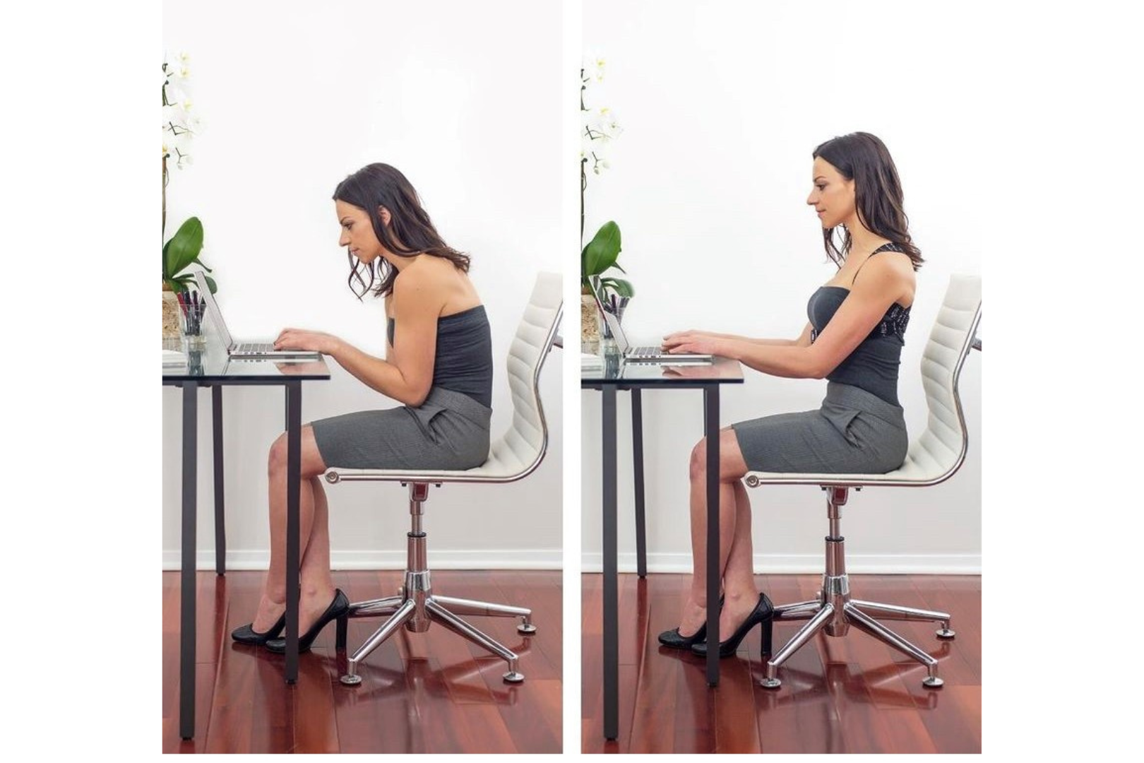 Woman sitting at a desk with good and bad posture