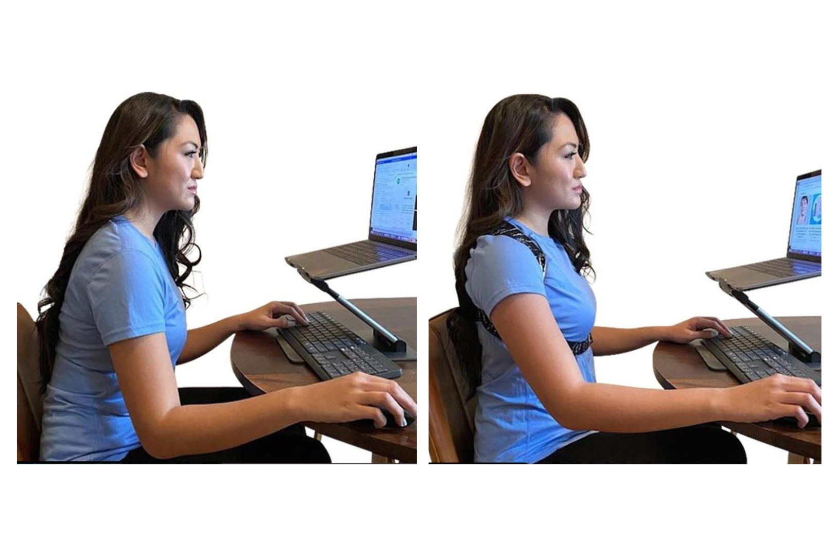 Woman working at her desk wearing a posture corrector