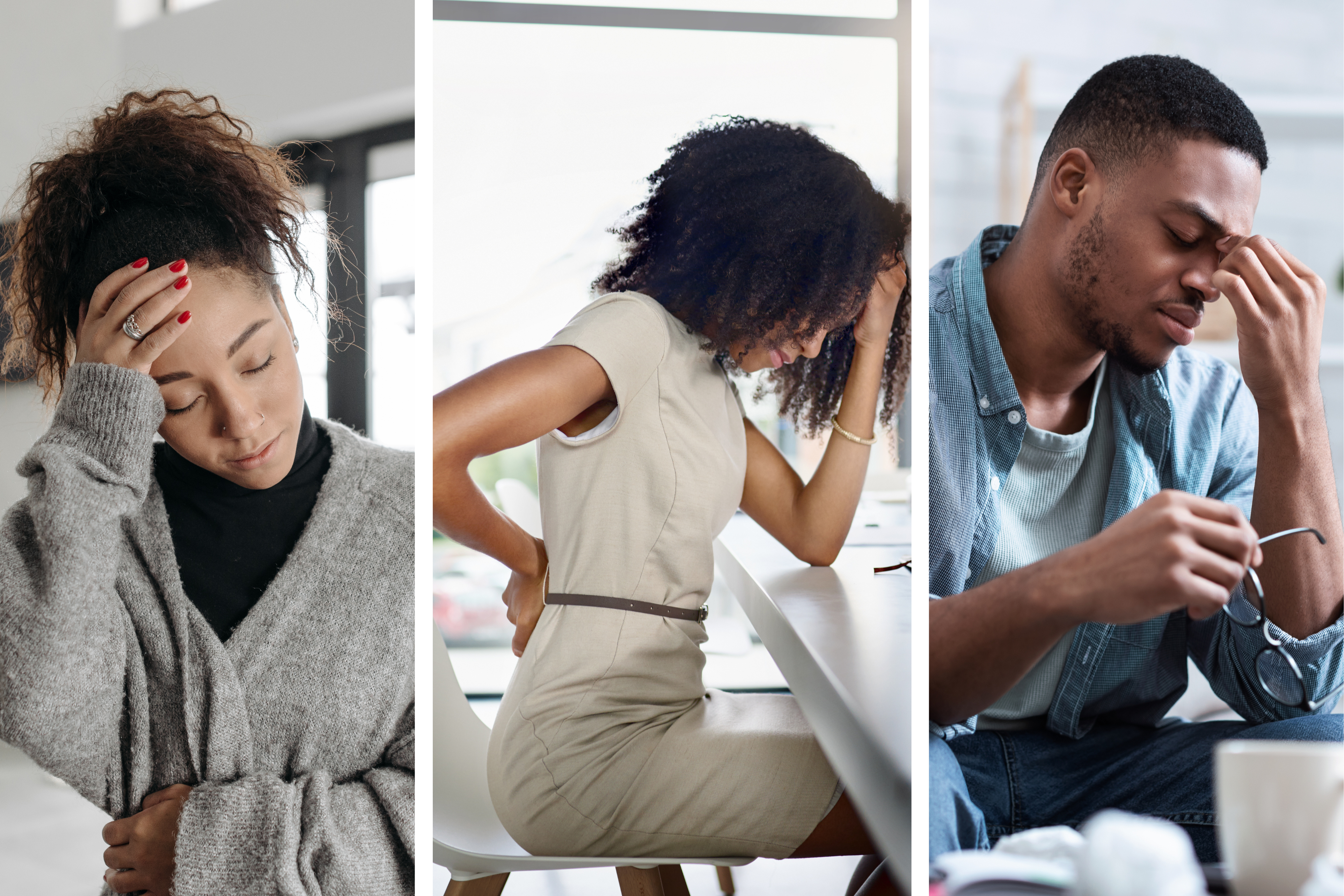 A graphic or photo collage depicting some of the previous effects of bad posture. For example, headaches, neck pain, back pain, fatigue