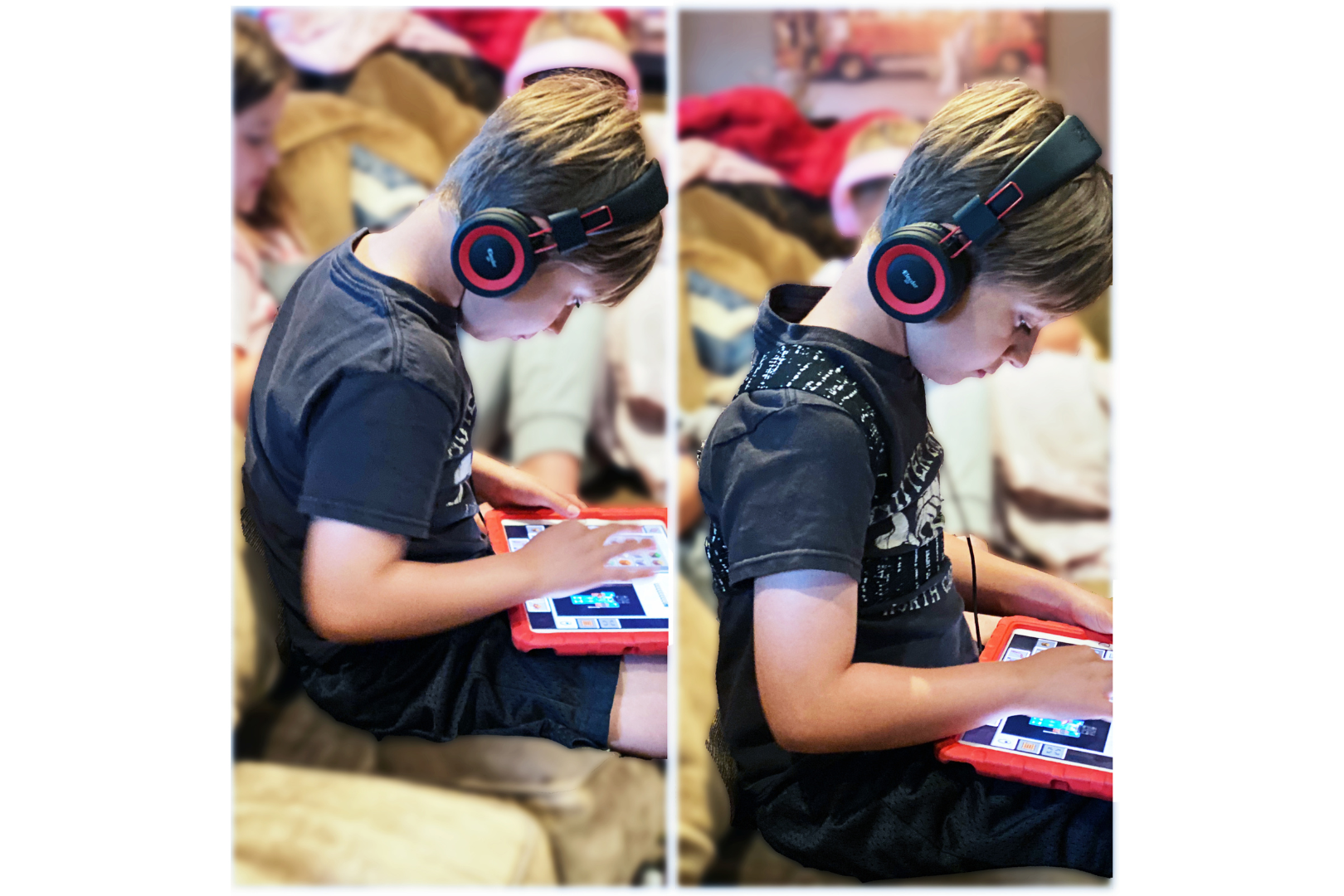 Child playing video games with bad posture