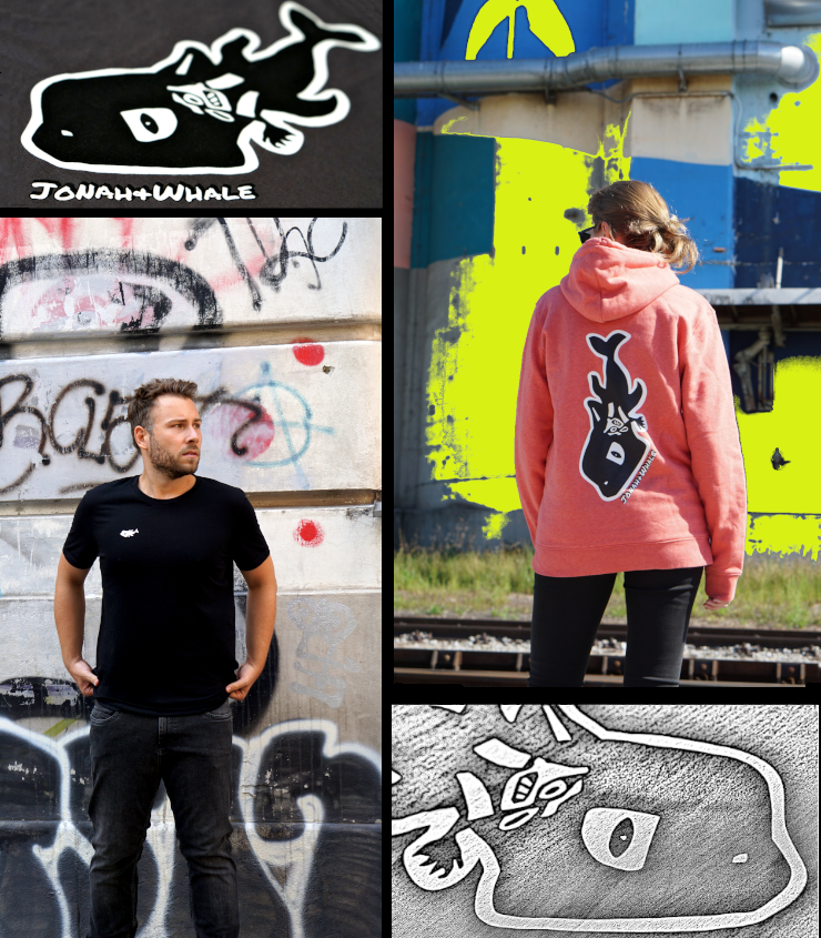 brand logo with a black orca whale with a swallowed man inside who reaches out his hand to the outside is represented in a collage showing a shirt, hoodie and images