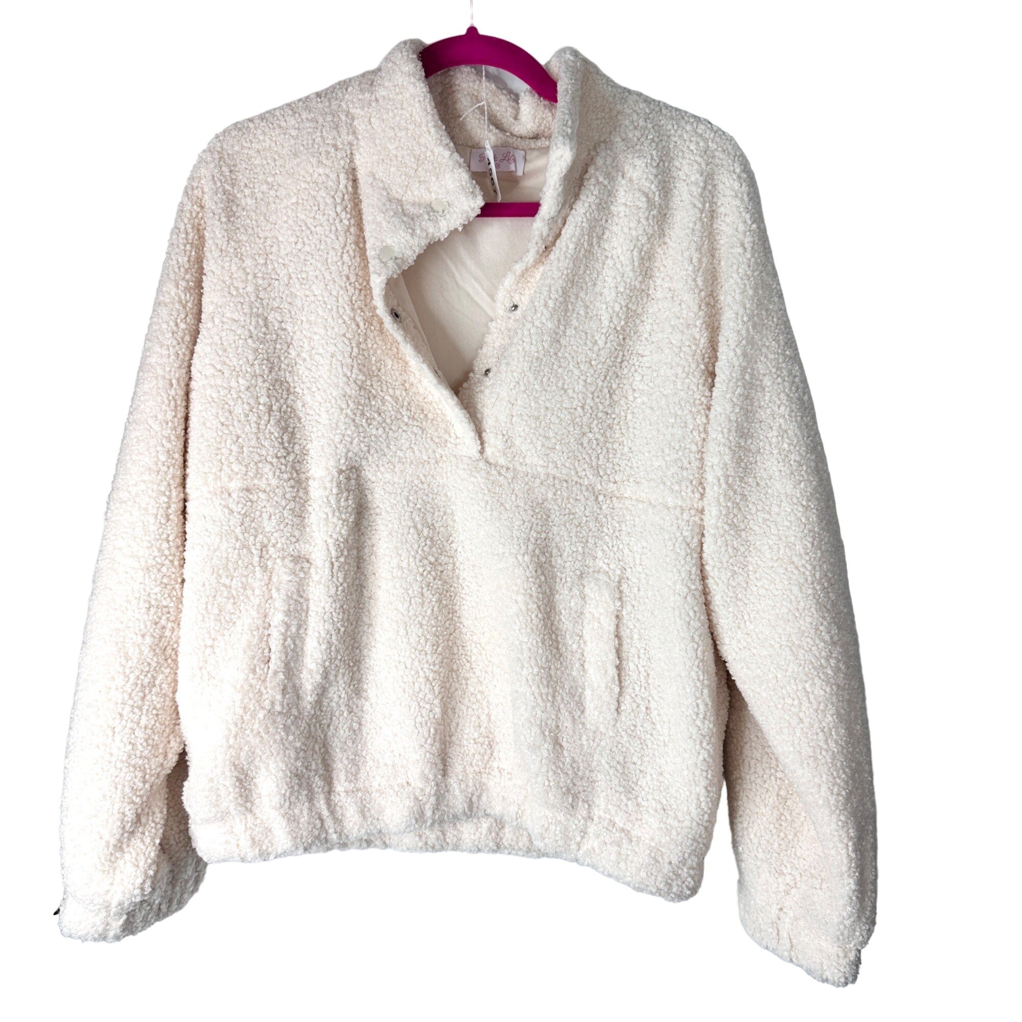 Pink Lily Pullover Womens Medium Cream Sherpa Quarter Zip Oversized Cozy