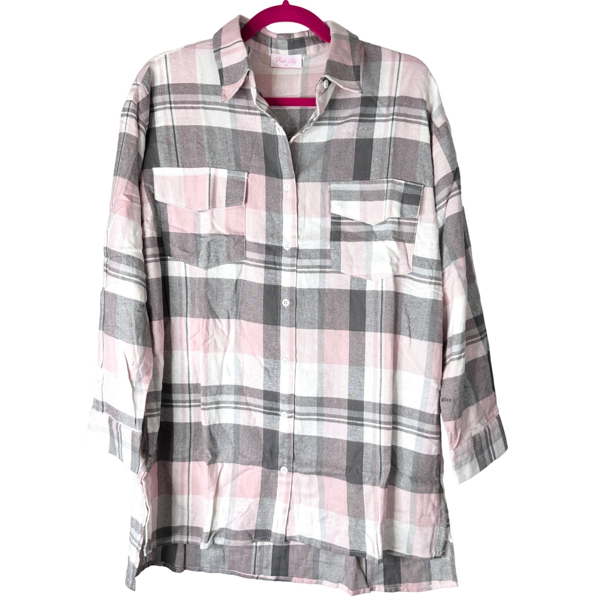Pink Lily Shirt Womens Medium Pink Gray Plaid Oversized Tunic Button Down New