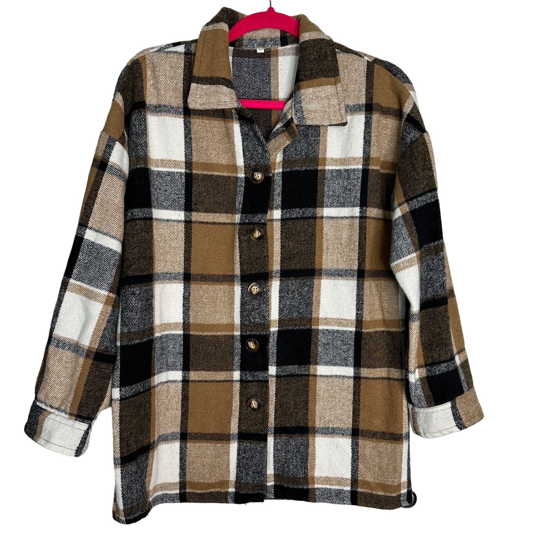 Womens Shacket Small Brown Plaid Collared Oversized Flannel Rustic Long Sleeve