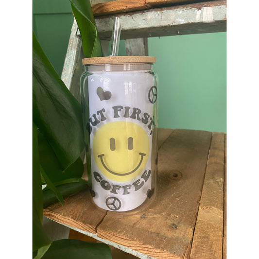 Glass Can, Smiley Face Glass Can, Smiley Face Glass Tumbler, Retro Glass  Cup, Glass Can with Bamboo lid, Glass Straw, Smiley Face Tumbler