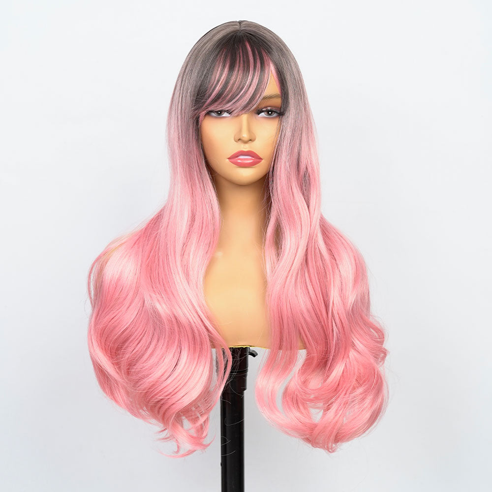 SYN11 Synthetic Pink Wigs with Bangs - Long Ombre Pink Wigs for Women, Light Wavy Heat Resistant Hair Pink, Synthetic Dark Roots Natural Looking - Best Cute Wigs for Halloween/Party/Cosplay