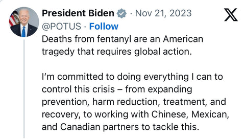 President Joe Biden posting on X about the fentanyl crisis in America