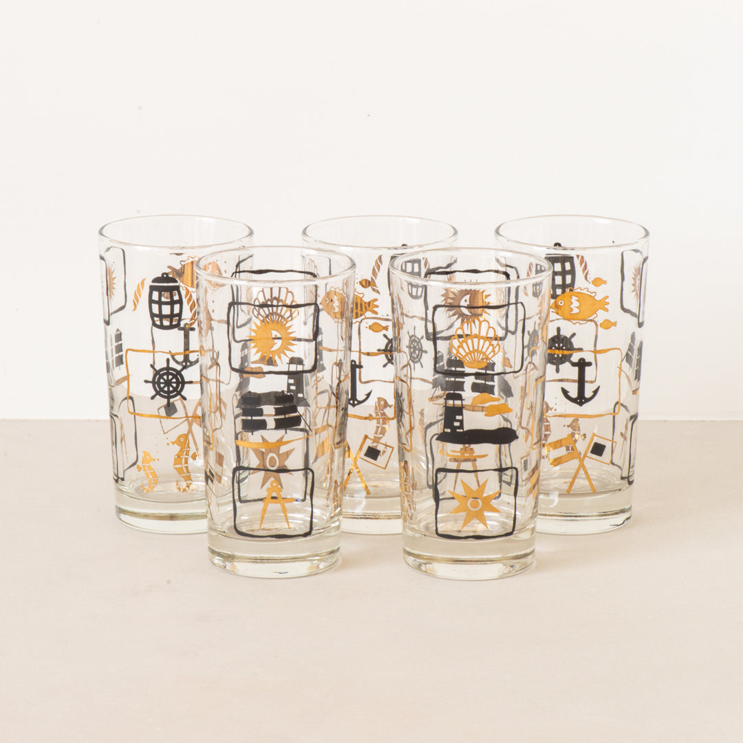 Set of 8 Libbey Glass Tumblers in the Marine Life Pattern, Discontinued in  1959