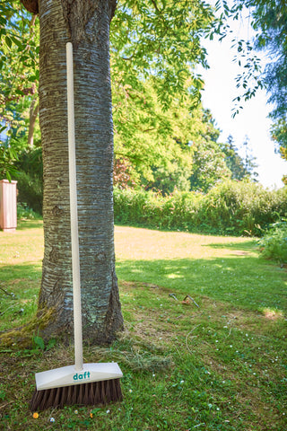 Daft broom leaning on a tree