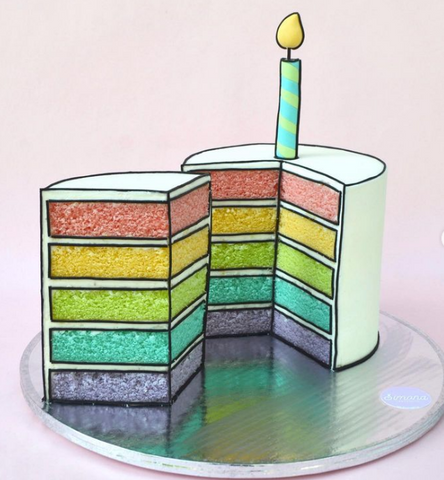 Rainbow coloured comic cake