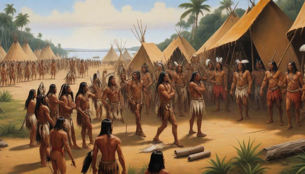 Illustration of a group of Native Americans trading with Spanish colonists in the 1600s