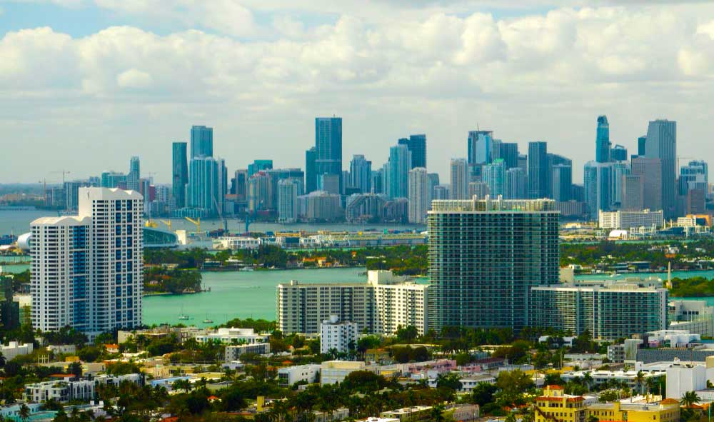 Cityscape of the downtown Miami skyline with tall skyscrapers in the modern American megapolis