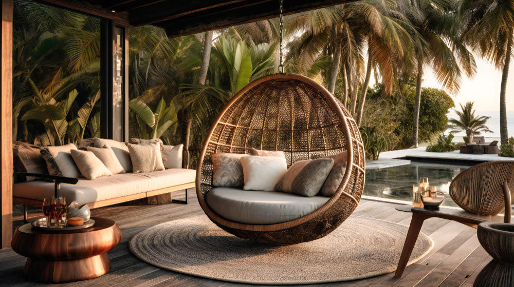 Cozy, elegant outdoor lounge area with rattan furniture