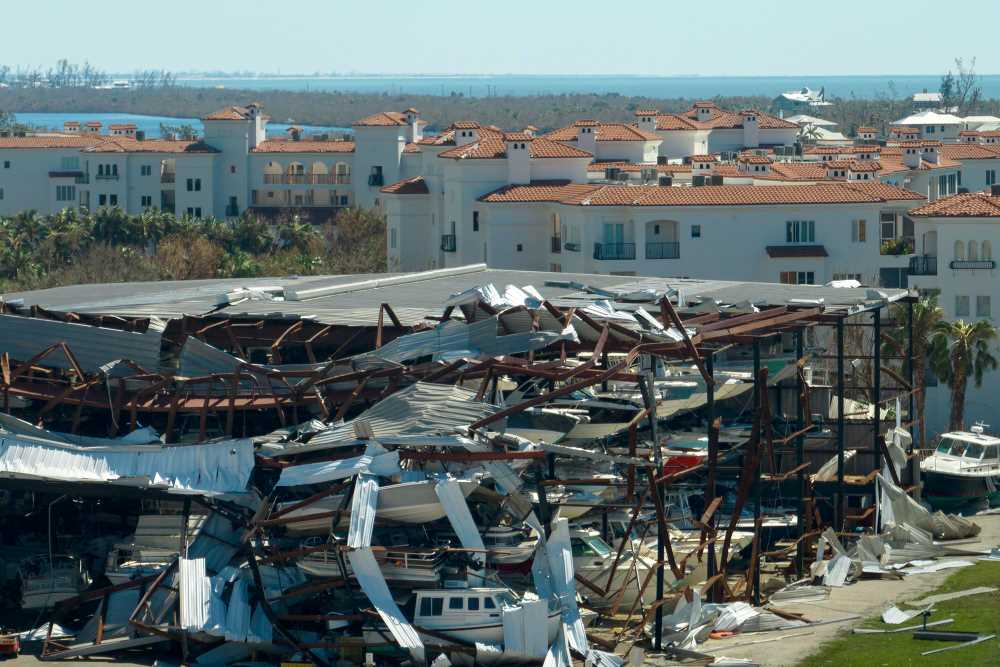 Destruction of Hurricane Ian at the boat station in the coastal region of Florida