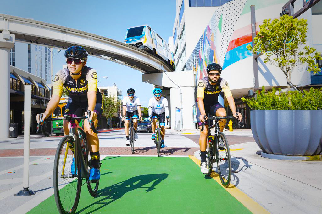 Pedaling through Miami's urban landscape with the Metromover as our backdrop