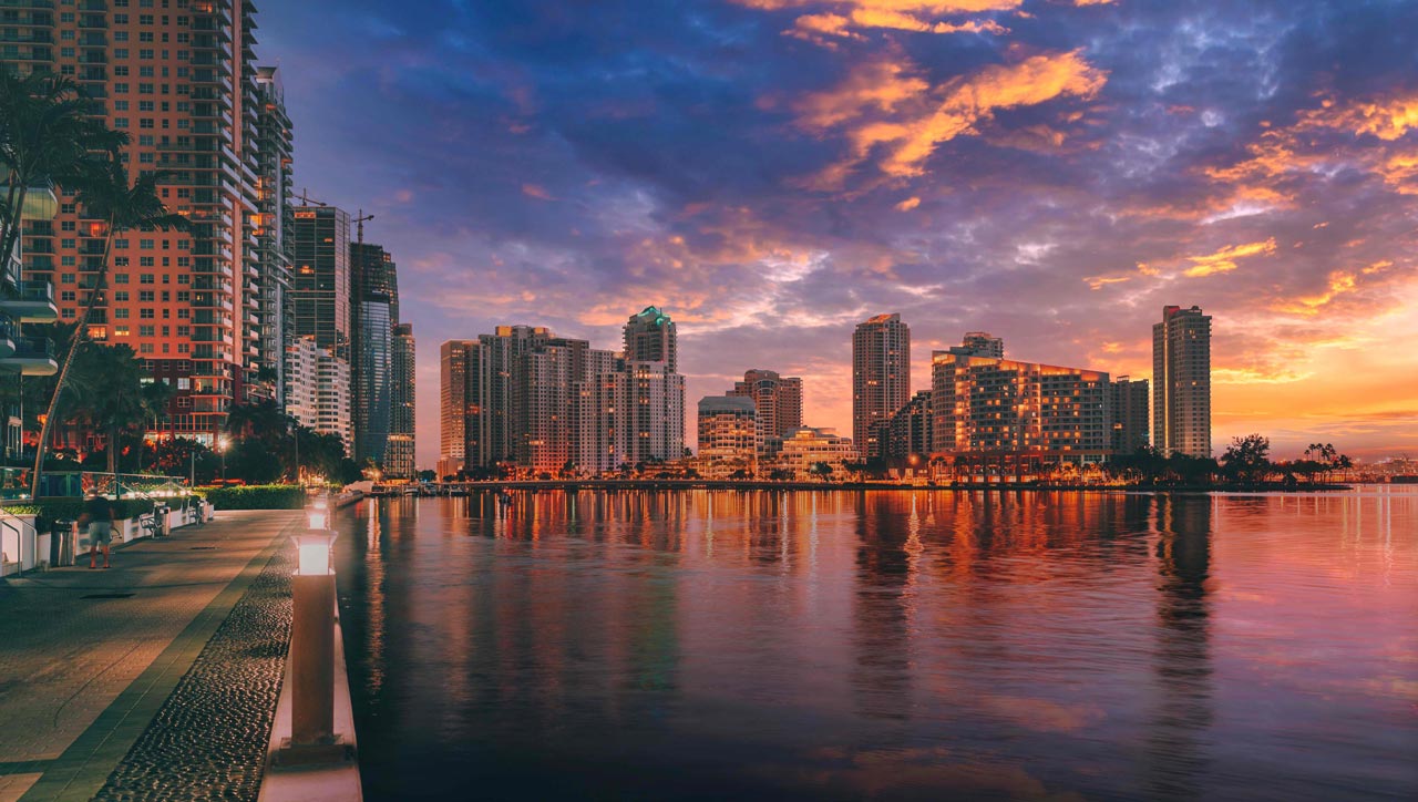 Miami's skyline Brickell Key panorama at sunset