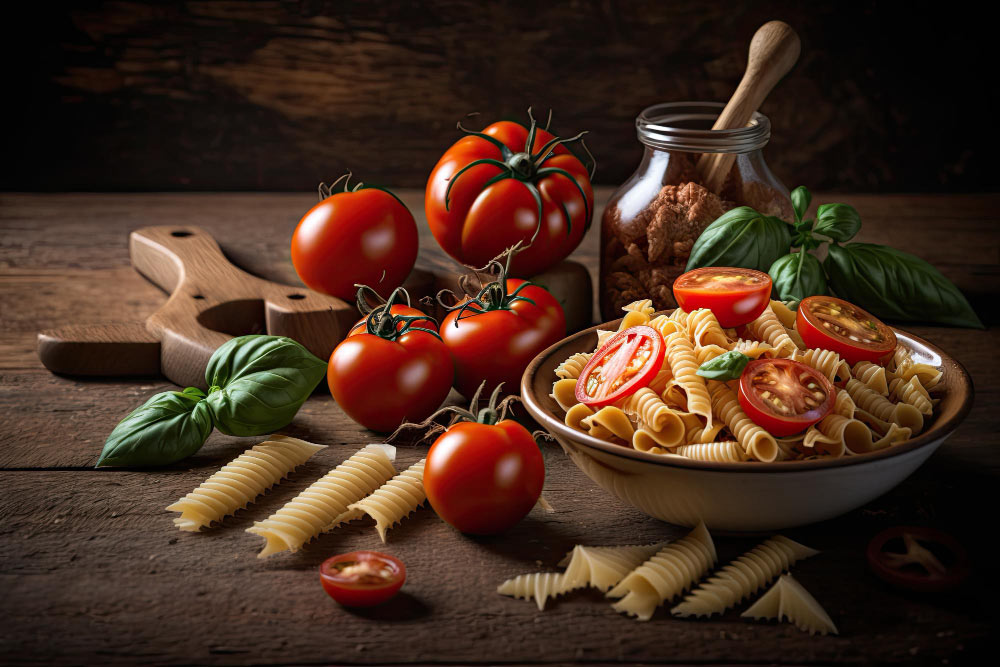 Tomatoes and pasta on a wooden table