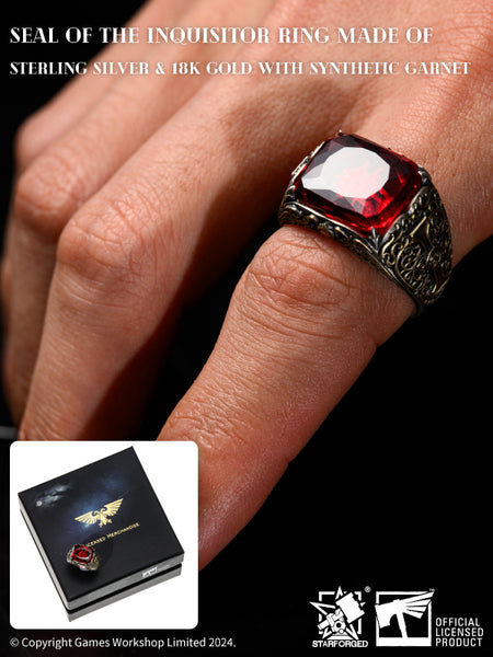 Starforged Seal of the Inquisitor Warhammer 40K Men's Garnet Gemstone 925 Silver & Gold  Ring