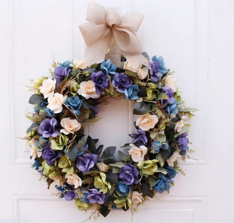 Purple flower wreath on a wall