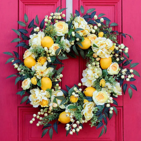 wreath on a red front door