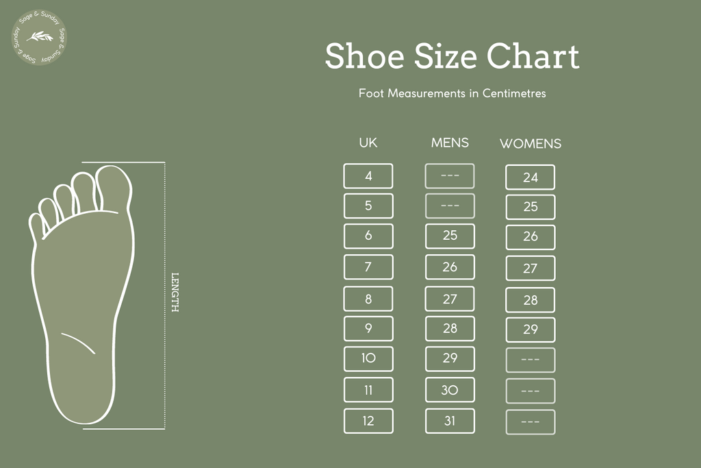 Sage & Sunday Shoe Size Chart Size Guide