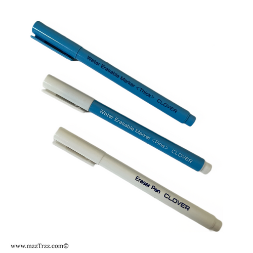 Clover Fabric Pens: Water Erasable Marker Available in Blue FINE 515 or  THICK 516, White Marking Pen FINE 517, or Eraser Pen 518 