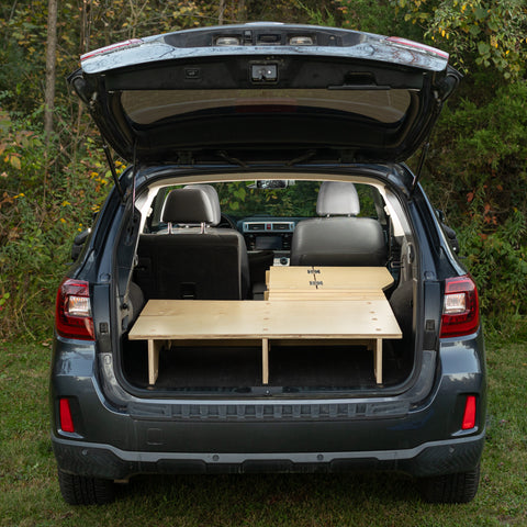 Car camping Sleeping Platform conversion kit in a subaru outback