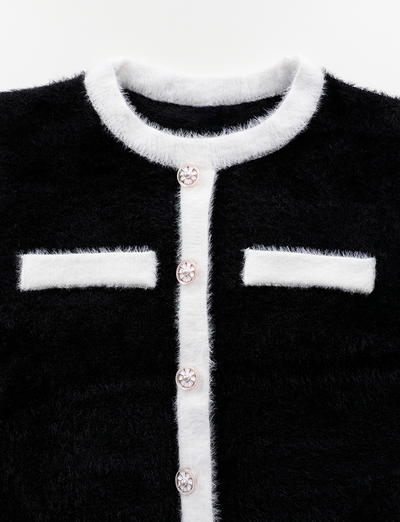 Black Contrast Knitted Furry Sweater&Mini Split Skirt Set