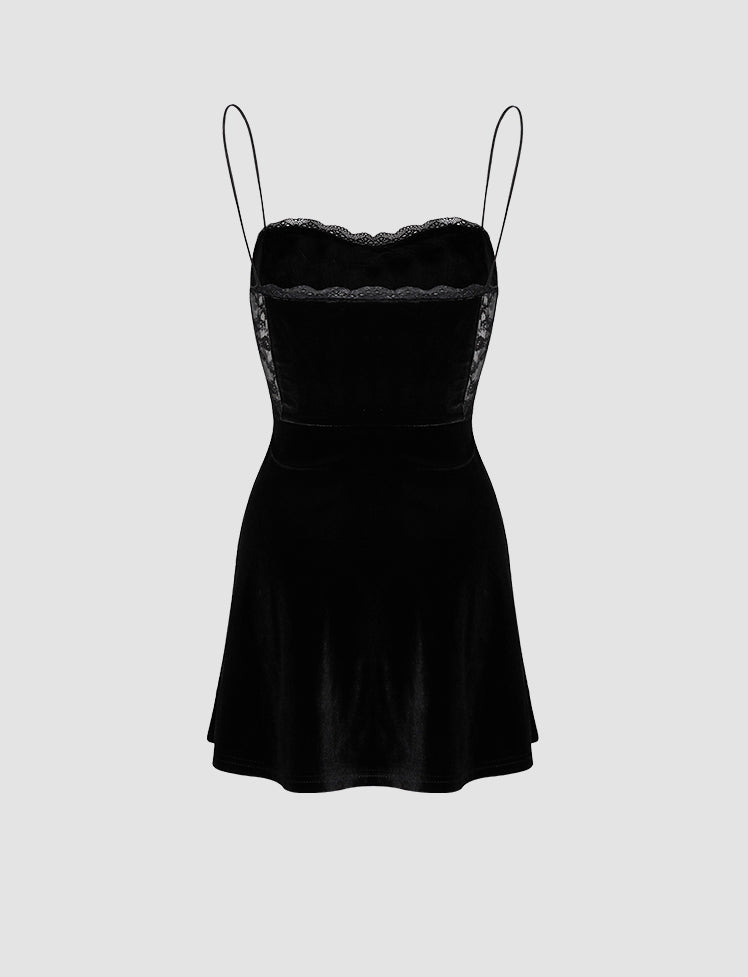 Lace Patch Velvet Party Sexy Cami Little Black Dress – Juicici
