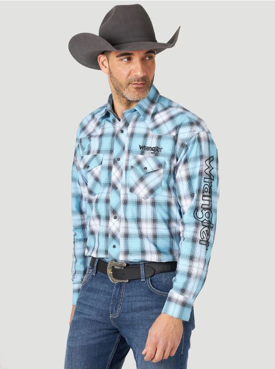 Mens Wrangler Logo Western Snap Plaid Shirt