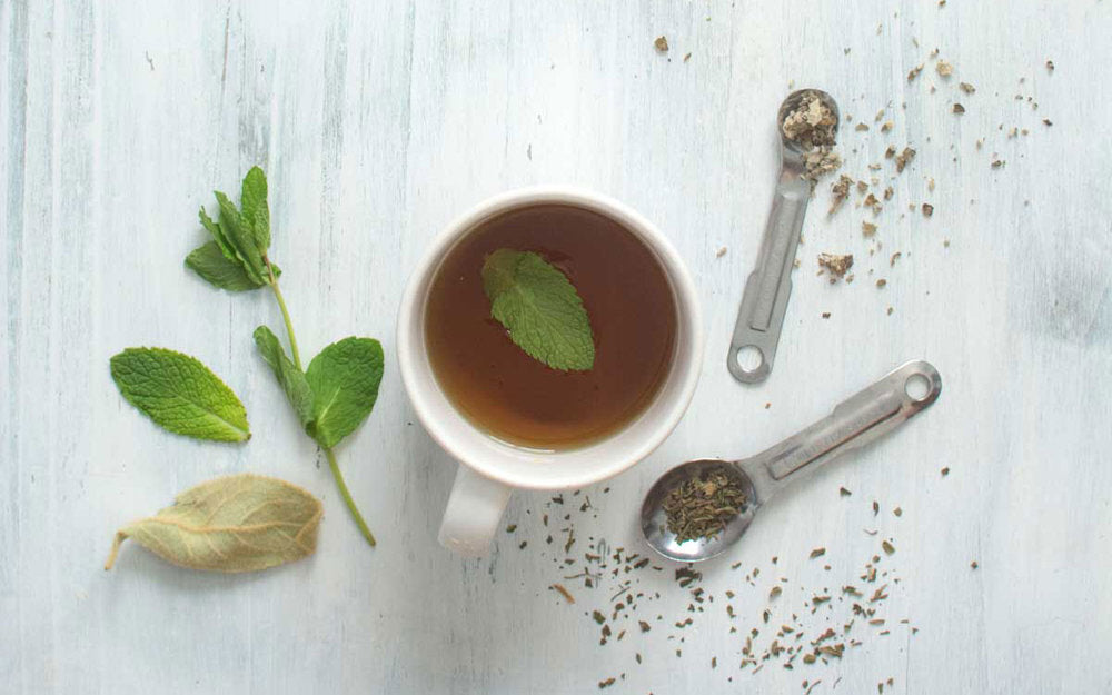 Fresh mint and dried mullein tea with measuring spoons