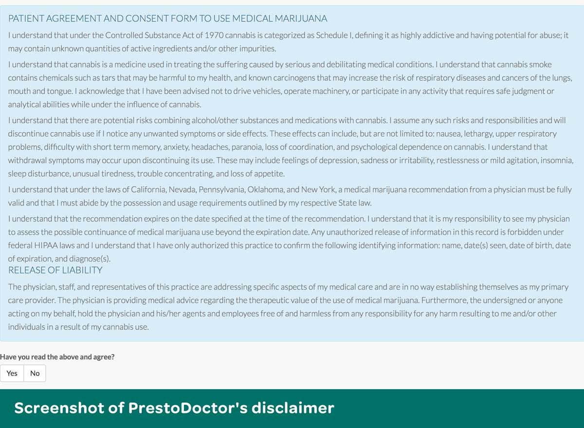 Screenshot of disclaimer for PrestoDoctor