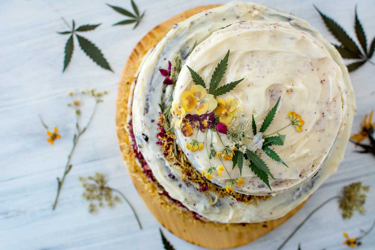 CBD birthday cake for Hempsley decorated with cannabis leaves