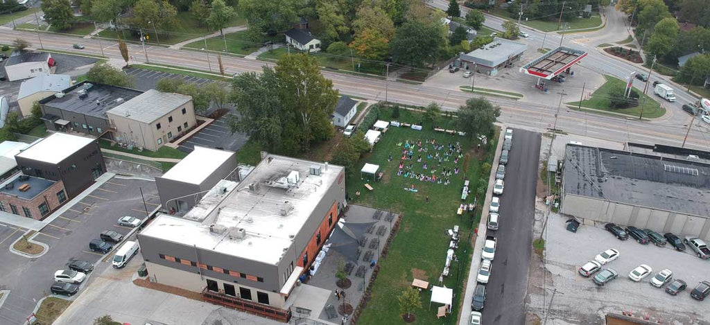 Drone view of Logboat Brewing Company in Columbia, Missouri