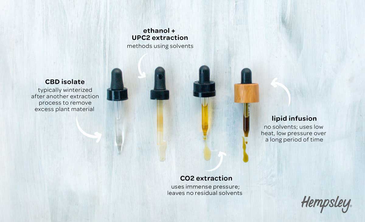 Infographic showing 4 different CBD droppers with varying colors of liquid and information about each extraction type