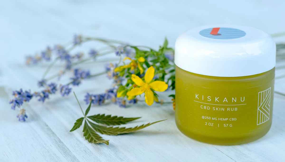 Kiskanu's CBD Skin Rub styled with ingredients lavender, St. John's Wort, cannabis