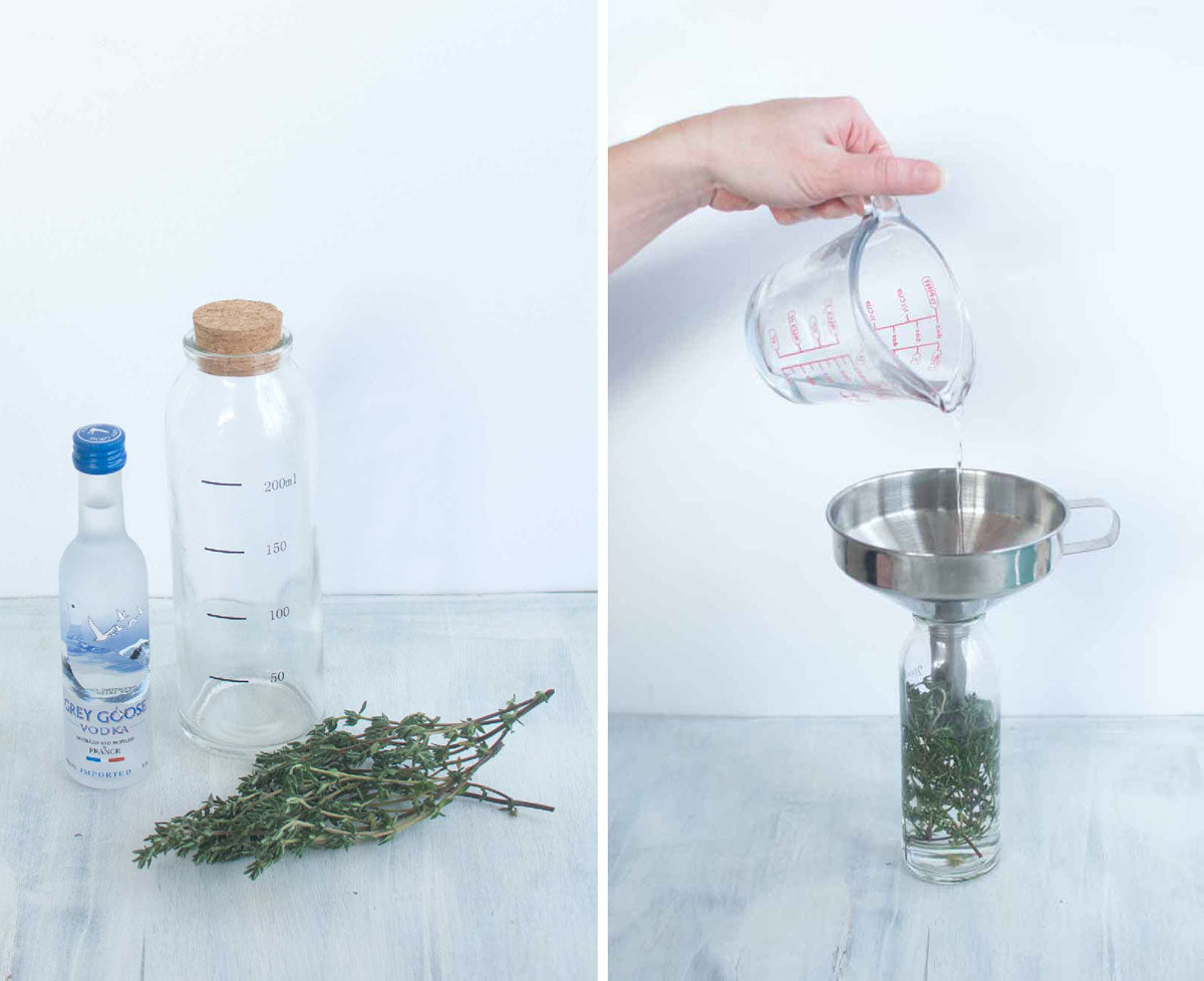 Woman pouring alcohol into jar with herbs for making tincture at home