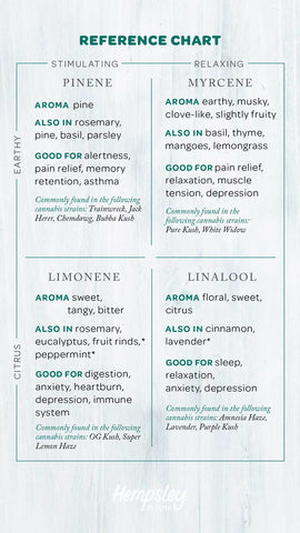 Reference chart for understanding the differences in terpenes limonene, linalool, pinene, and myrcene