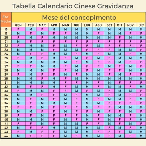 calendario cinese gravidanza calcolo tabella