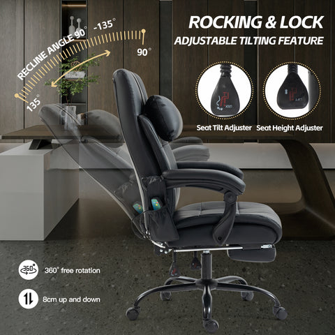 4-Point Massage Ergonomic Office Chair w/ Heating, Footrest & Reclining Backrest Black