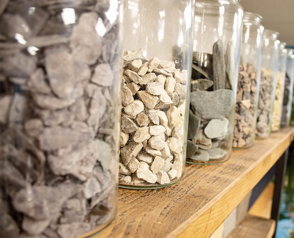 Stone chippings samples on display in showroom