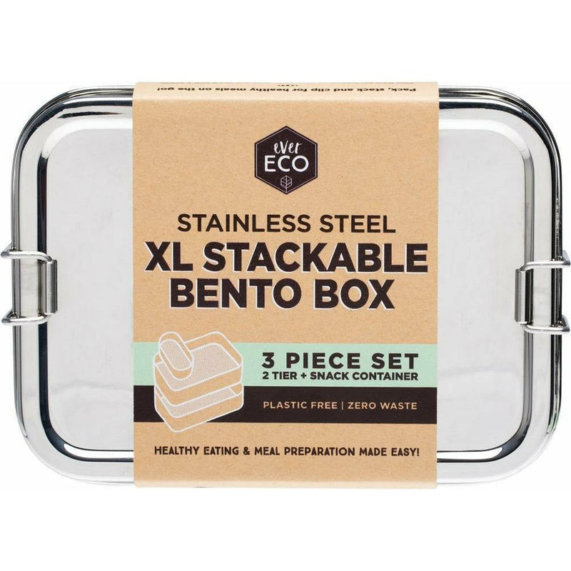 Ever Eco Stainless Steel XL Stackable Bento Box 3 Piece Set 2 Tier + Snack Container 