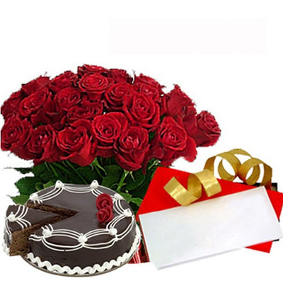 20 Red Rose Bouquet and Birthday chocolate Cake greeting Card