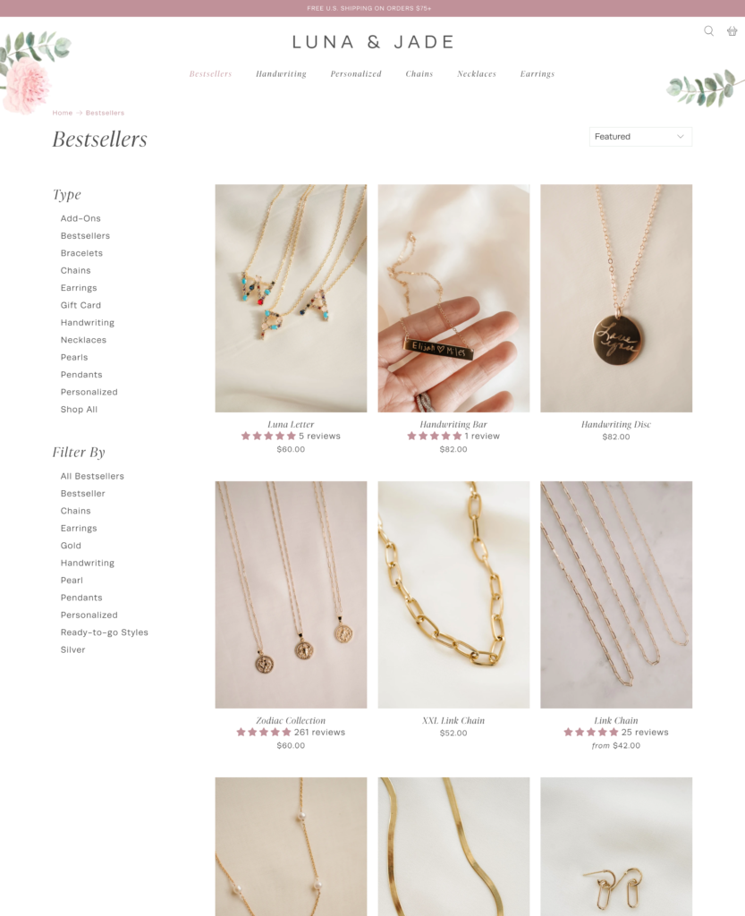 luna and jade shopify homepage