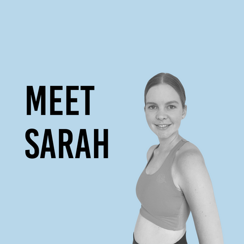 Black and White image of young woman in crop top with text saying meet Sarah on a light Blue background