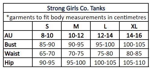 Sizing Chart from small to extra large for tank tops for the brand strong girls co.