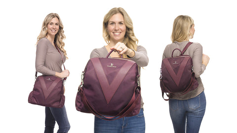 Woman carrying a convertible bag in three ways - 3 in 1 convertible backpack