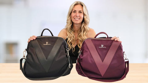 A woman showcasing a convertible bag in two different colors - convertible backpack
