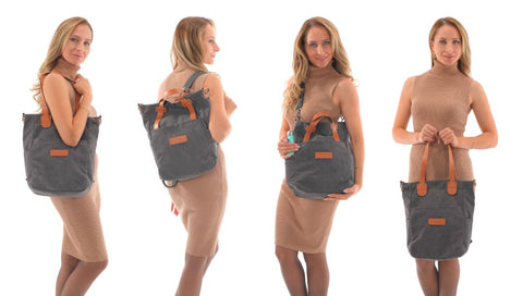 Woman carry the convertible bag in four different methods - convertible crossbody bag