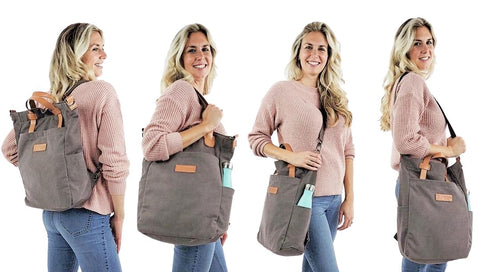 Woman portraying four different ways of carrying Converta convertible bag﻿